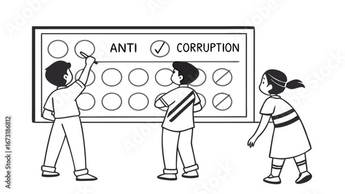 Children marking 'Anti-Corruption' on a symbolic board, promoting integrity and social awareness among youth.