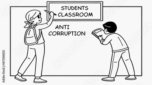 Students Writing Anti-Corruption Message on Whiteboard in Classroom. Education, Ethics & Awareness Concept.