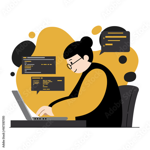 Woman Programmer Working on Laptop with Code Snippets.