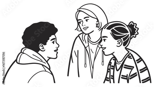 Diverse youth group in conversation, black and white line art illustration of social interaction and friendship