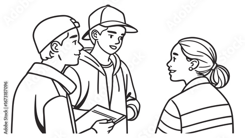Three diverse young people having a friendly conversation, black and white line art illustration