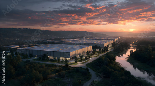A vast warehouse complex showcases solar panels reflcting sunlight, nestled amng trees and grassy areas uring a picturesque sunsetin an industrial zone