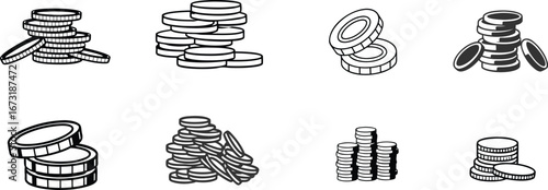 Stacks of coins vector, money concept icons in different arrangements and styles.