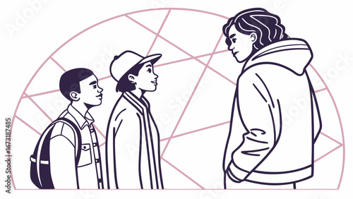 Mentorship & Guidance: Diverse Youth Listening to Adult. Generational Learning, Communication, and Growth Concept with Geometric Lines.