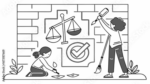 Collaborative Construction of Justice: Team builds wall with scales and checkmark symbols, representing legal solutions & ethical compliance.