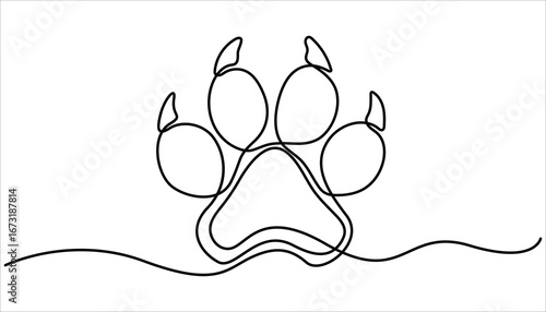 Continuous one line drawing of a animal paw pad, Dog paw one line art, Continuous one line drawing of cat or dog footprint minimal outline vector illustration

