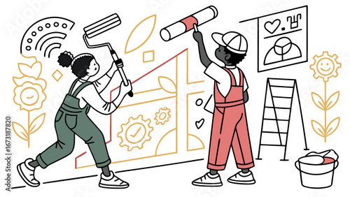 Collaborative Creativity: People Painting Wall with Abstract Icons & Digital Symbols. Teamwork & Innovation Doodle Art