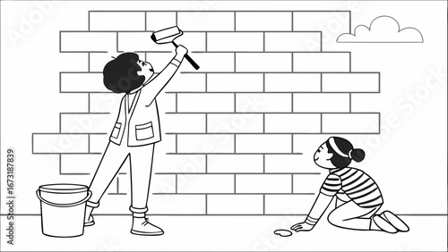 Children Building Brick Wall Line Art. Young Builders Teamwork. Black and White Construction Activity Illustration.