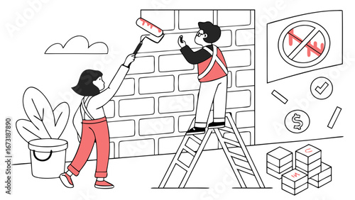 Home Renovation Project: Couple Painting Brick Wall with Tools. DIY House Improvement, Teamwork, Line Art Illustration