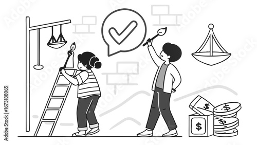 Building Financial Success & Work-Life Balance. People painting goals, managing wealth, and achieving tasks in a business concept.