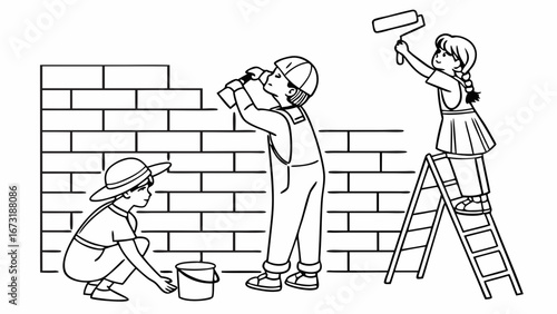 Children building a brick wall and painting. Kids construction project, teamwork, and DIY activity line art.