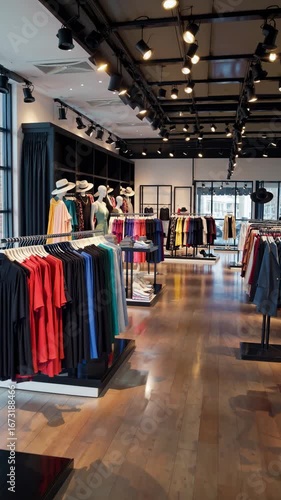 Wallpaper Mural Wide-angle shot of a modern clothing store interior, showcasing vibrant apparel on racks, ideal for a retail-themed video or fashion presentation. Torontodigital.ca