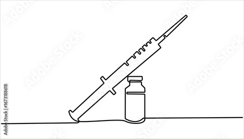 One continuous line drawing of medicine set with syringe and vial, Medical syringe and medicine vial. Pharmaceutical components and vaccine symbol in simple linear style. Editable stroke.

