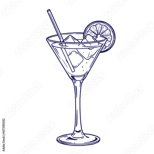 Elegant cocktail martini glass with ice and lemon slice in detailed dark blue illustration
