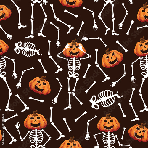 seamless pattern of skeletons in different poses and Halloween pumpkins instead of heads, grinning eerily on a brown background, Halloween decor