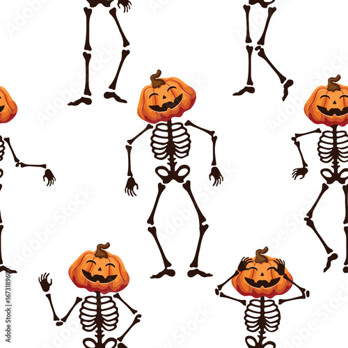 pattern of dancing skeletons made of bones with Halloween smiling pumpkins instead of heads in different poses, decor for Halloween