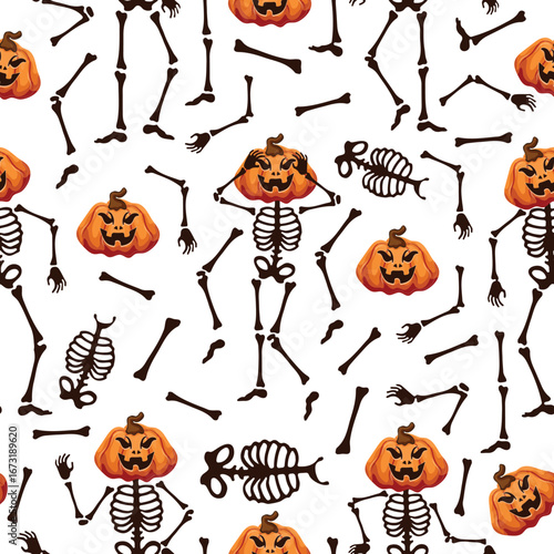 seamless pattern of skeletons in different poses and Halloween pumpkins instead of heads grinning eerily, Halloween decor