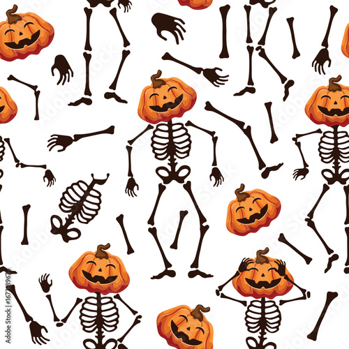 seamless pattern of dancing skeletons made of bones with Halloween smiling pumpkins instead of heads in different poses, decor for the Halloween holiday