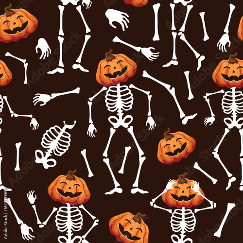 seamless pattern of dancing skeletons made of bones with Halloween smiling pumpkins instead of heads in different poses on a brown background, decor for the Halloween holiday