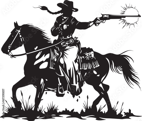 Cowgirl in Silhouette: A dynamic silhouette captures a cowgirl astride a spirited horse, her pose exuding strength as she fires a rifle, a symbol of wild west spirit.