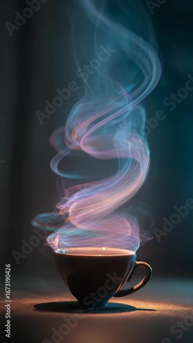 Enchanted coffee cup with swirling, vibrant steam in dark setting. Ethereal, mystical, and dreamlike atmosphere. Moody lighting enhances colors.
