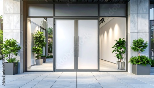 Exterior view of a modern building's empty entrance with blank opaque doors, flanked by potted plants, on a stone patio