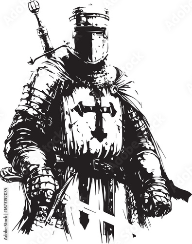 Brave Knight: A detailed drawing of a brave knight stands proudly, his helmet concealing his gaze, and his imposing armor, and sword at his side.