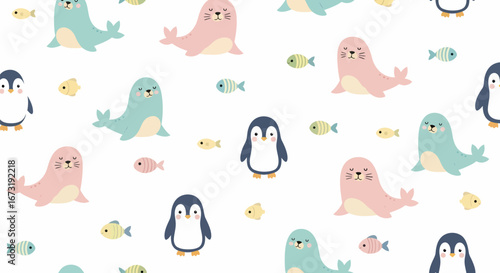 Adorable Cartoon Seals and Penguins Seamless Pattern.