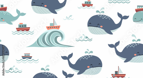 Adorable Cartoon Whales and Ships in a Whimsical Ocean Scene.