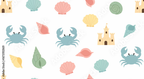 Adorable Pastel Crabs and Seashells Pattern for Beach Themed Designs.
