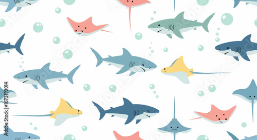 Cartoon Sharks and Rays Swimming with Bubbles Seamless Pattern Design.