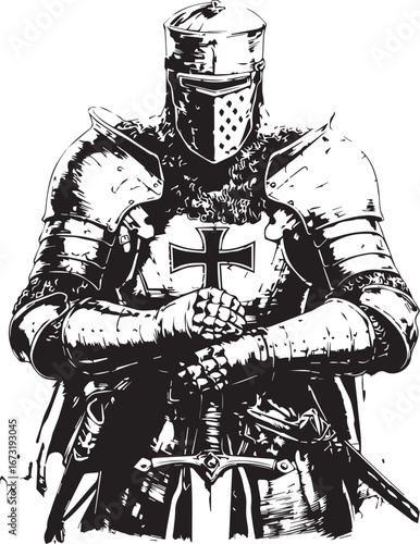 Medieval Knight: A stoic knight stands ready, armored in gleaming steel, embodying strength and chivalry, holding a sword and wearing a helmet