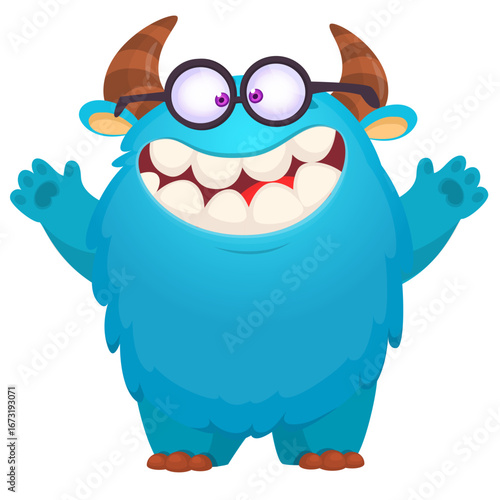 Cartoon cute monster with funny face expression waving hands. Halloween vector illustration 