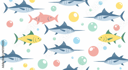Cartoon Swordfish and Colorful Fish Pattern with Bubbles.