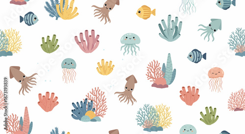 Colorful Cartoon Sea Creatures and Coral Reef Elements Seamless Pattern.