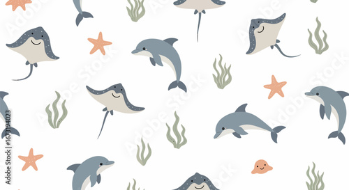 Cute cartoon marine animals seamless pattern featuring playful dolphins graceful stingrays orange starfish and green seaweed.