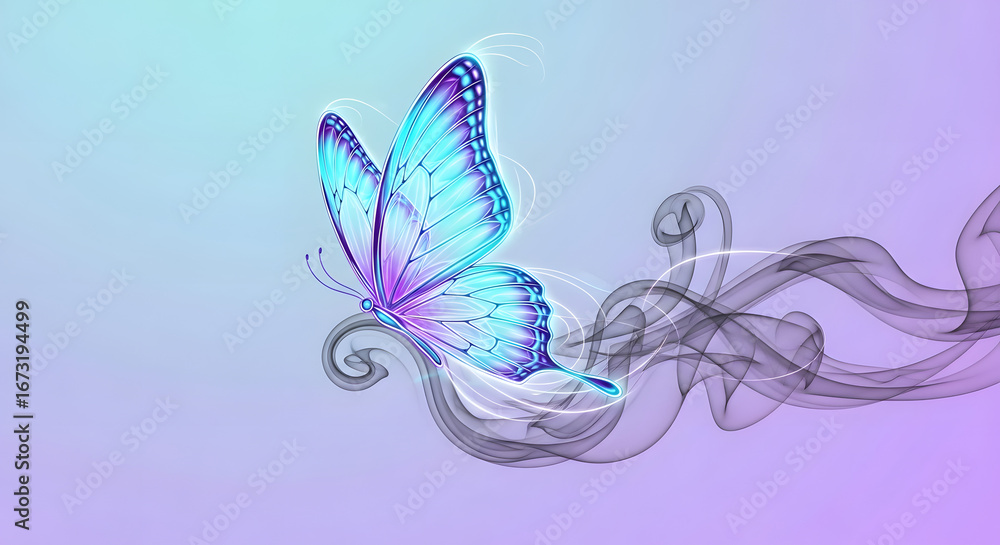 Obraz premium Conceptual illustration of a beautiful butterfly emerging from dark smoke, symbolizing transformation, freedom, and new life