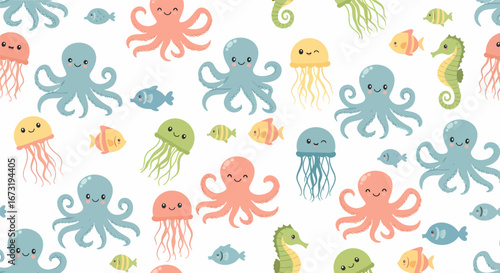 Cute Cartoon Sea Creatures Pattern with Octopus Fish and Jellyfish.