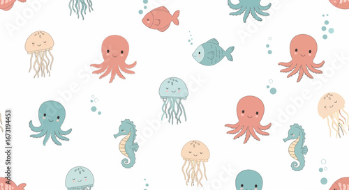 Cute cartoon sea creatures seamless pattern featuring pink octopuses teal jellyfish and seahorses.