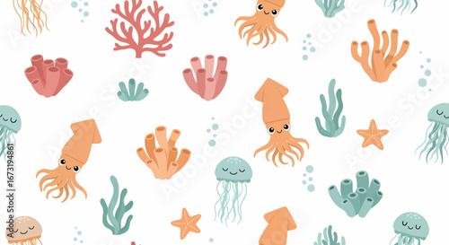 Cute watercolor sea creatures and coral pattern featuring jellyfish octopuses squid starfish and various corals.