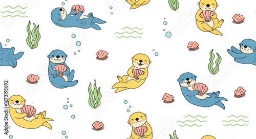 Playful Otters with Shells Cartoon Style Blue and Yellow Cute Sea Mammals.