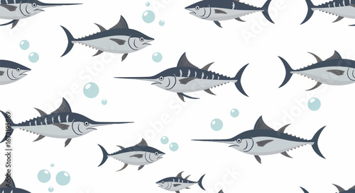 School of Stylized Blue Marlin Fish Swimming Seamless Pattern.