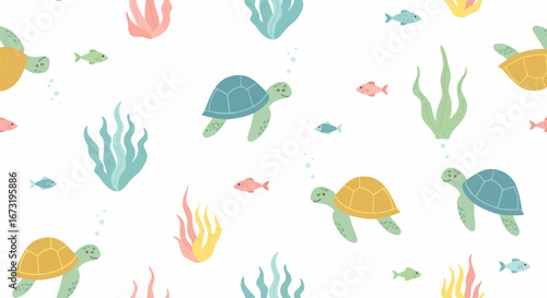 Sea Turtle Pattern Colorful Turtles Seaweed and Fish in a Playful Design.