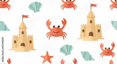Seamless pattern with cartoon sandcastles crabs seashells and starfish.