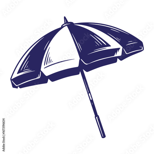 Hand drawn blue and white beach umbrella illustration on a plain white background for summertime