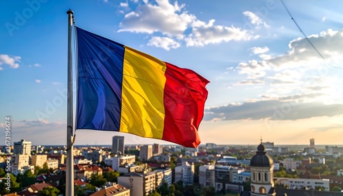 Romanian national flag waving against a city skyline,