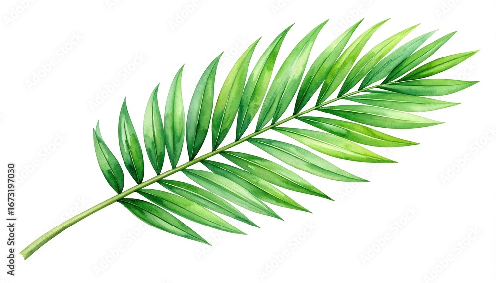 Watercolor illustration of a vibrant green palm leaf isolated on white background Watercolor illustration of a vibrant green palm leaf isolated on white background