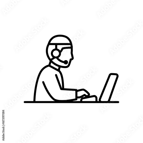 Support agent working at laptop with transparent background