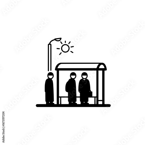 Bus stop with people waiting and street lamp with transparent background