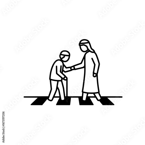 Elderly assistance at crosswalk with transparent background